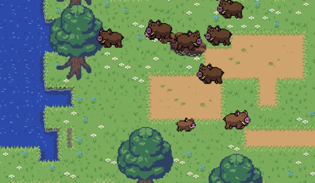 Gameplay showing many boars and the main boar around their burrow