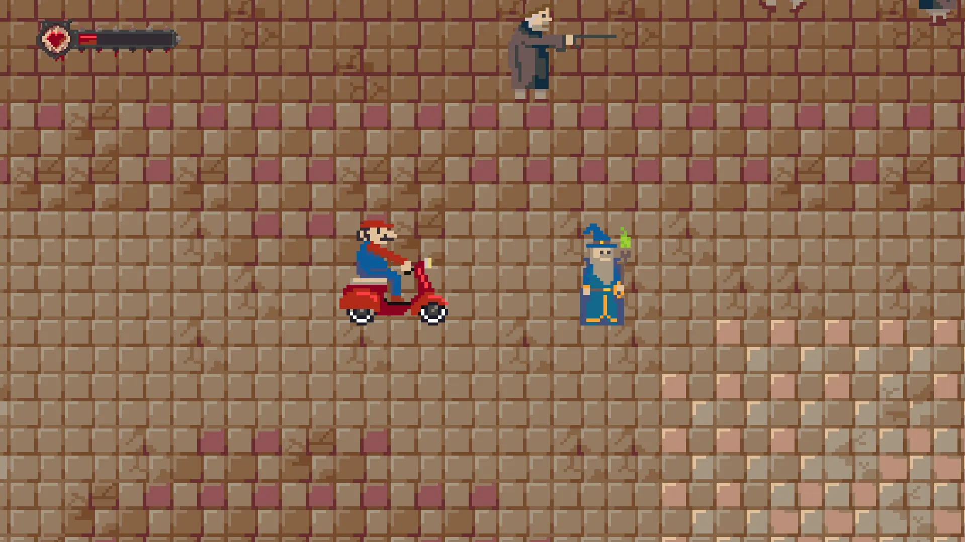 Gameplay showing a wizard running away from an italian on a scooter